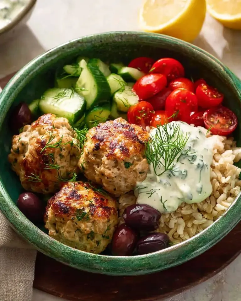 Tzatziki Greek ground turkey meatball bowls with fresh vegetables and herbs