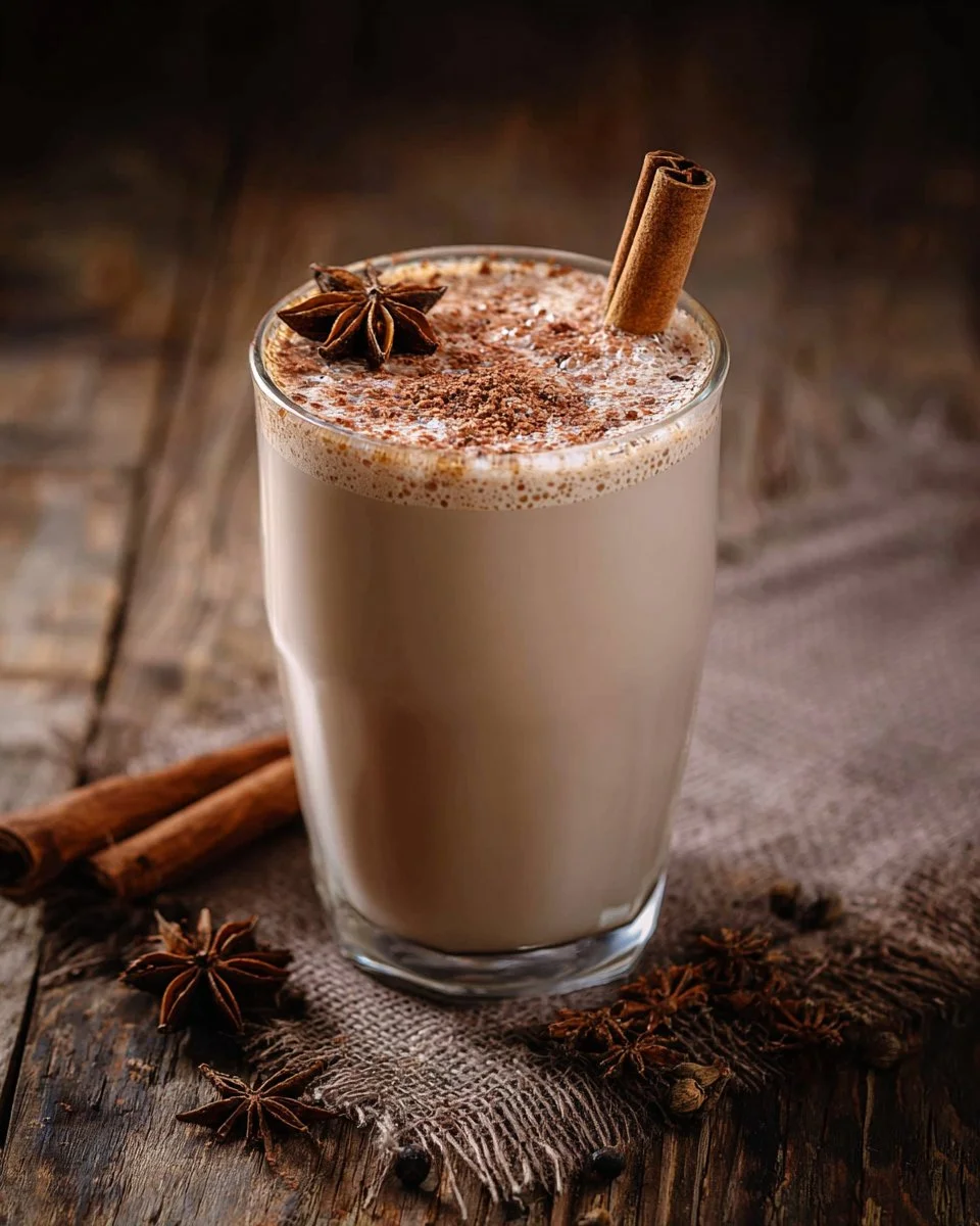 Cremiger Vanille-Chai-Tee-Latte in einer Tasse, umgeben von Gewürzen