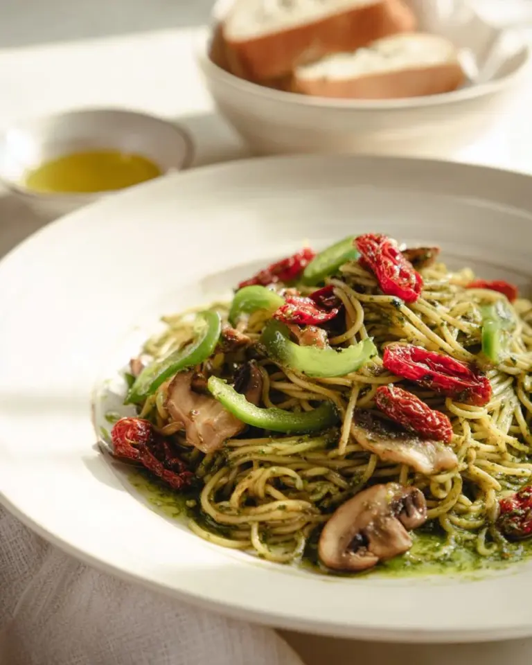 Bowl of Vegan Basil Pesto Pasta with fresh basil and cherry tomatoes