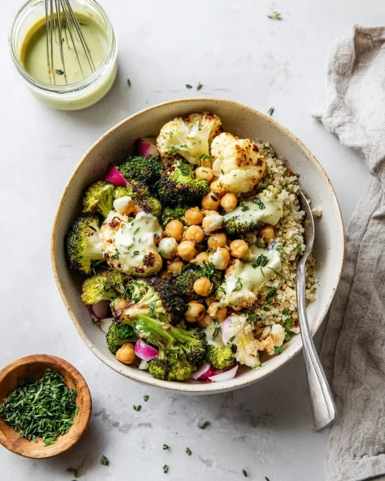 Vegan Buddha Bowl topped with fresh vegetables and lemon tahini sauce