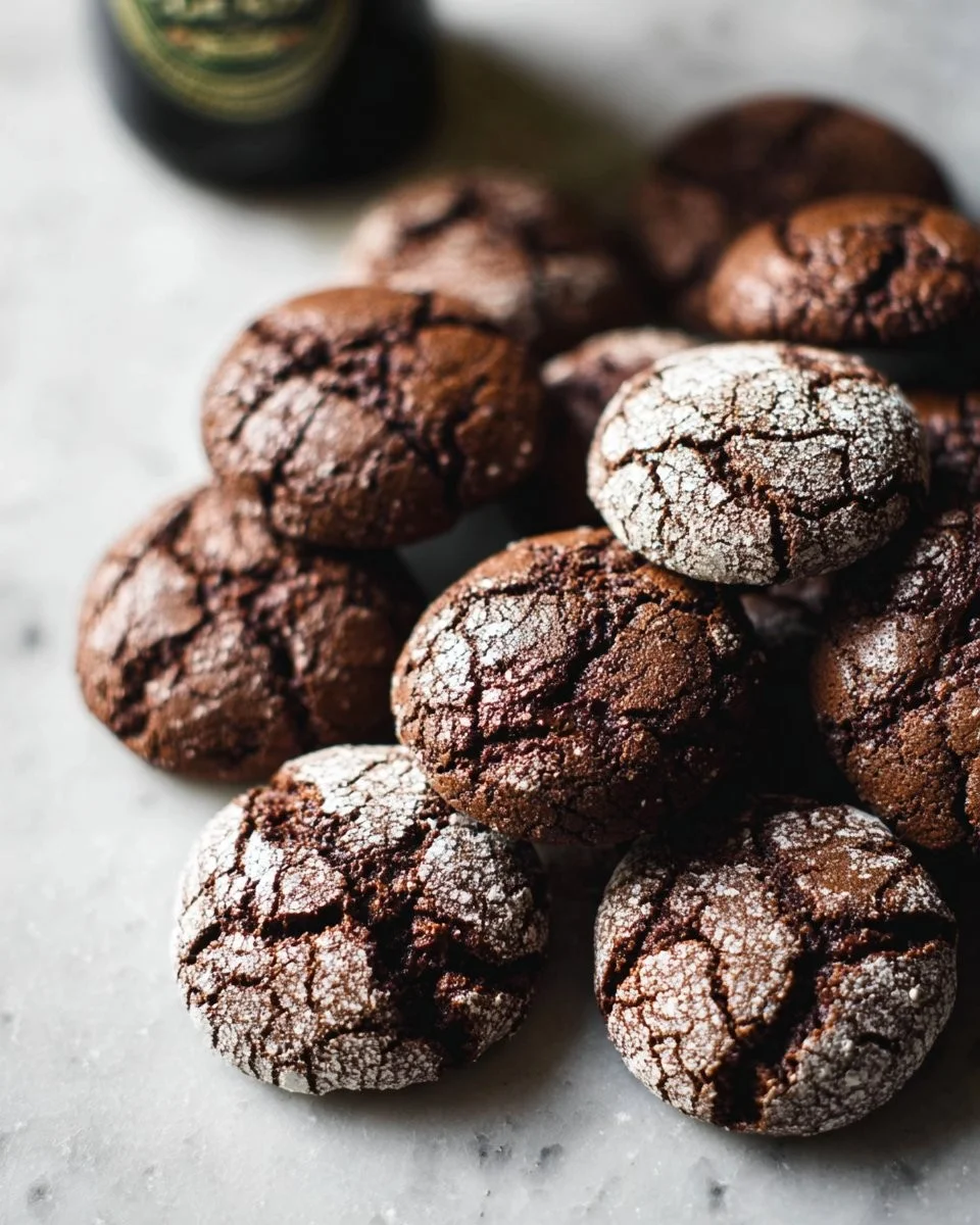 Vegan Chocolate Stout Crinkle Cookies on a rustic wooden table