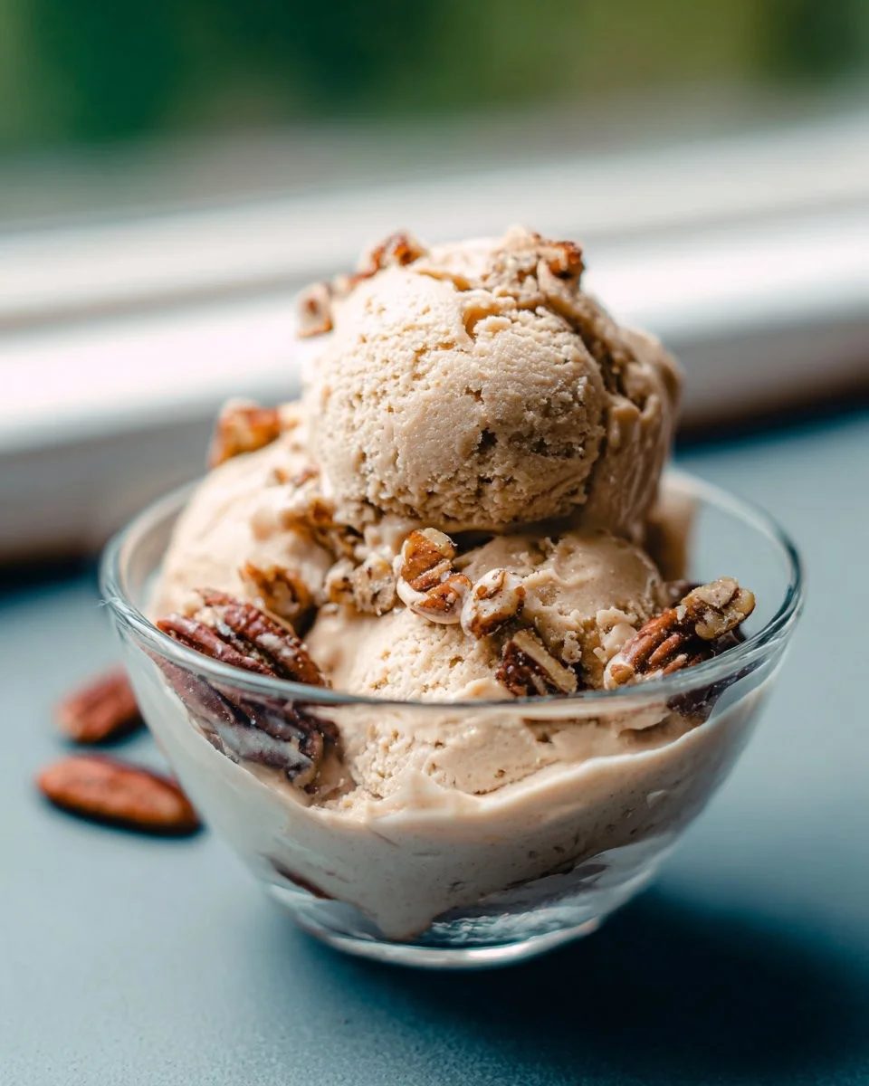 Vegan Maple Butter Pecan Ice Cream with nuts and maple syrup drizzle