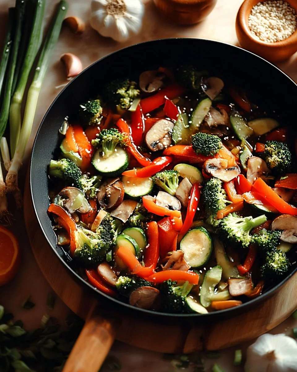 Colorful vegetable stir fry with fresh veggies in a skillet