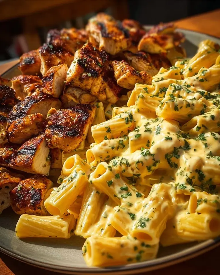 Creamy Velveeta Chicken Rigatoni with mozzarella garlic sauce served in a bowl