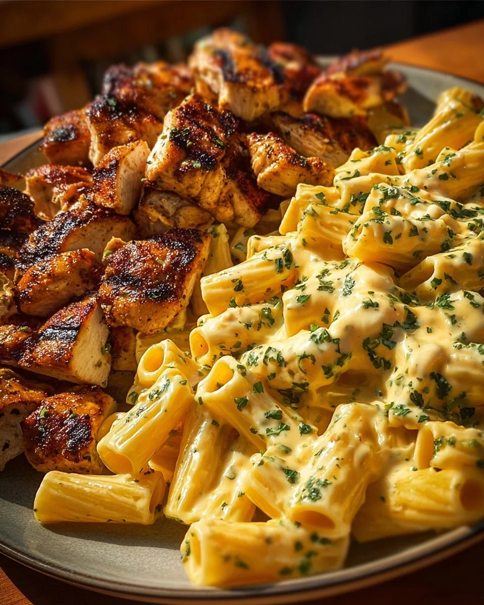 Creamy Velveeta Chicken Rigatoni with mozzarella garlic sauce served in a bowl