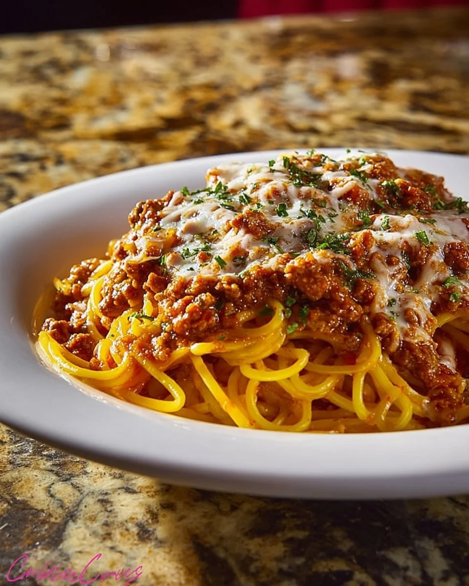 Delicious plate of Velveeta Linguine with Italian Beef Marinara garnished with herbs.