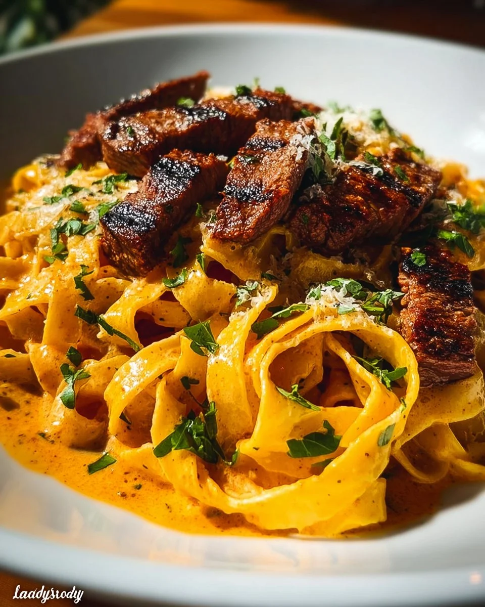 Delicious Velveeta Steak Fettuccine with Garlic Butter Cream Sauce served on a plate