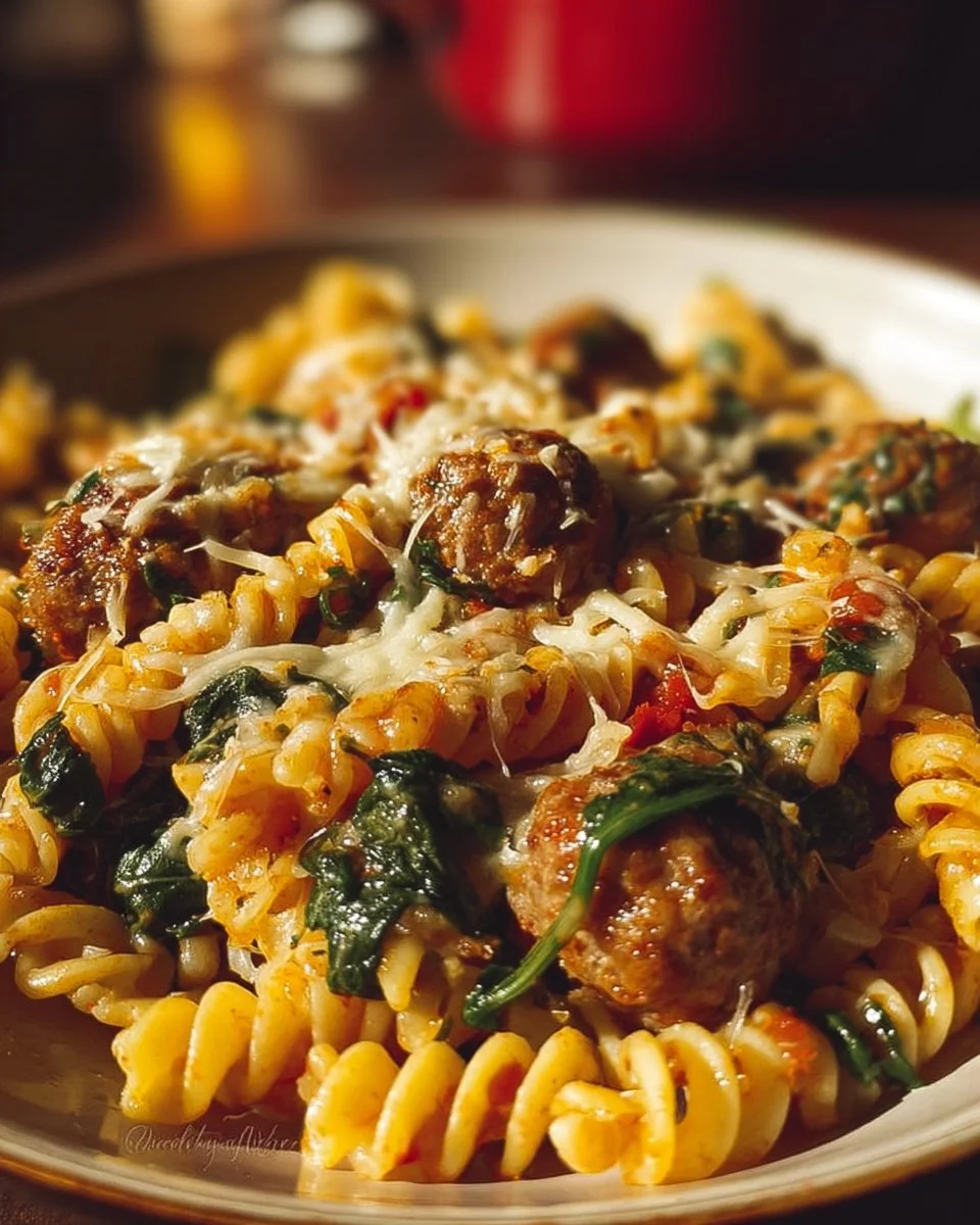 Delicious garlic butter rotini with beef, Italian sausage, and spinach on a plate