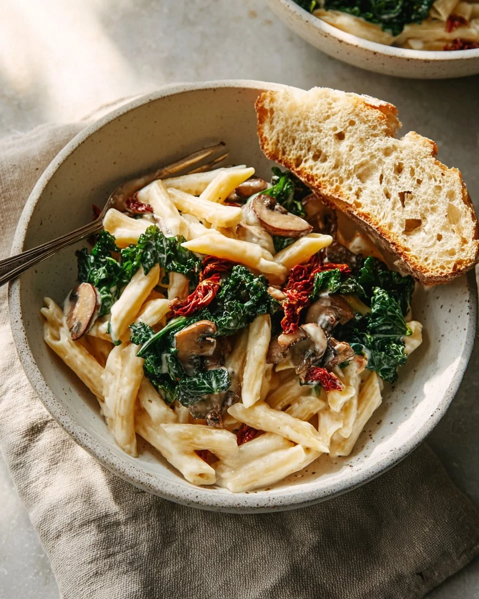 Delicious white bean and cauliflower alfredo sauce served over pasta
