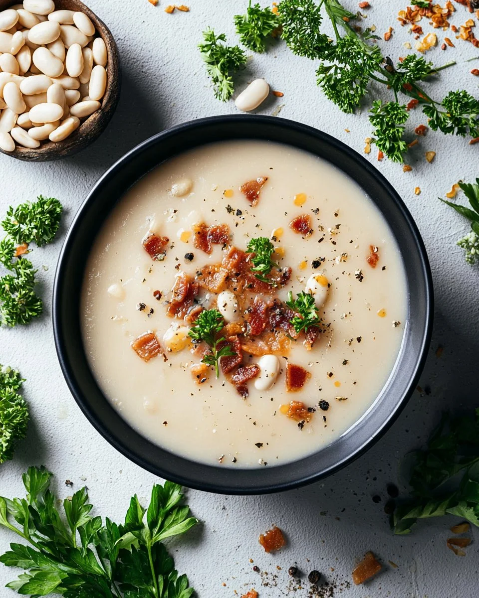Bowl of white bean soup with bacon, garnished with herbs.