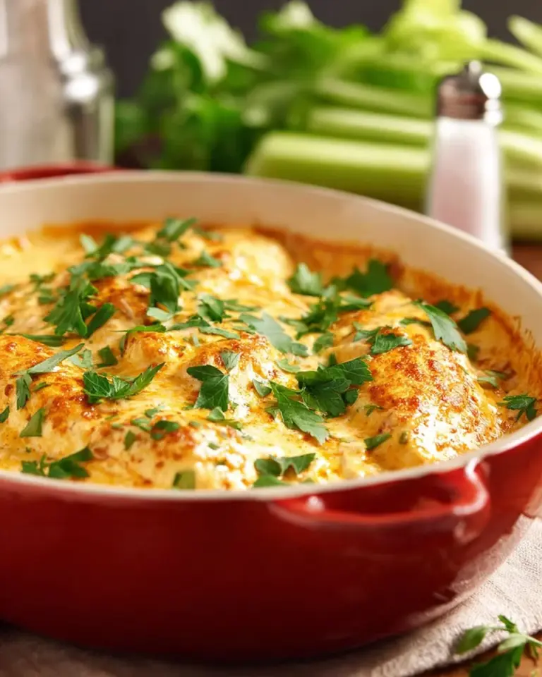 AIP Buffalo Chicken Dip in a bowl, topped with herbs and served with vegetables