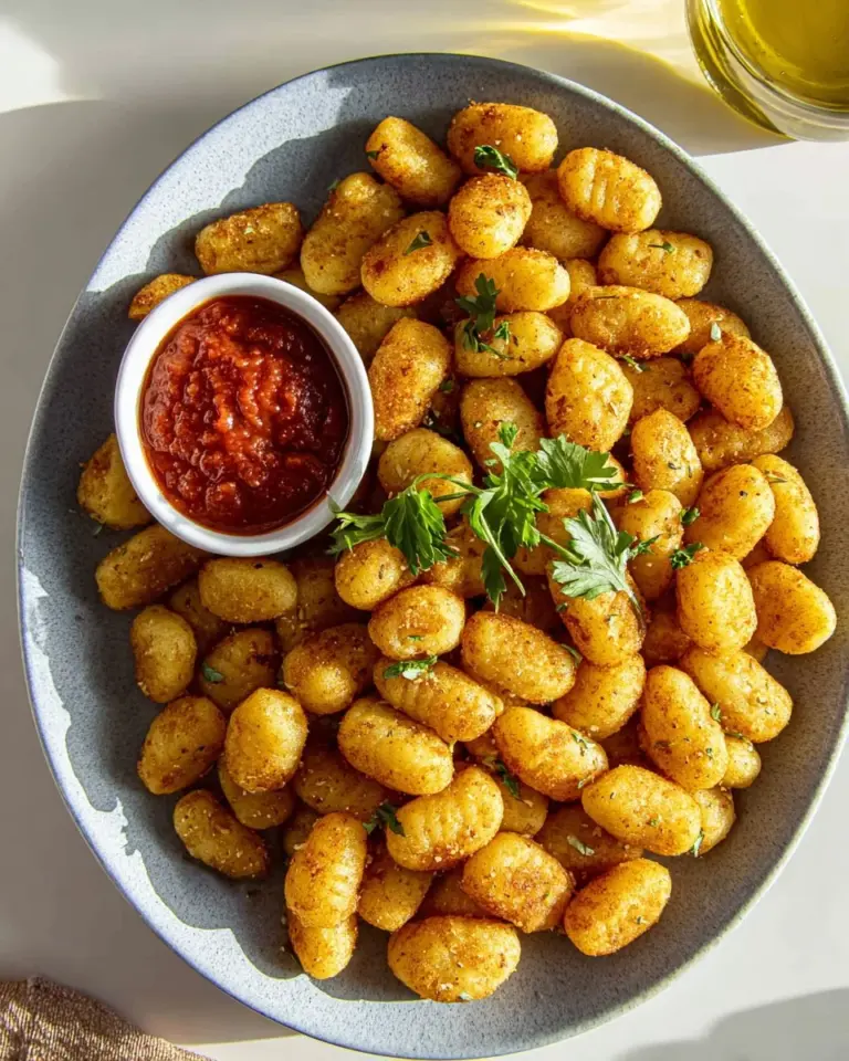 Crispy air fryer gnocchi served in a bowl with herbs.