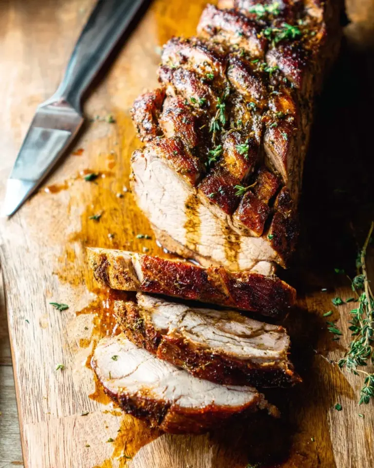 Delicious air fryer pork tenderloin served with vegetables and herbs