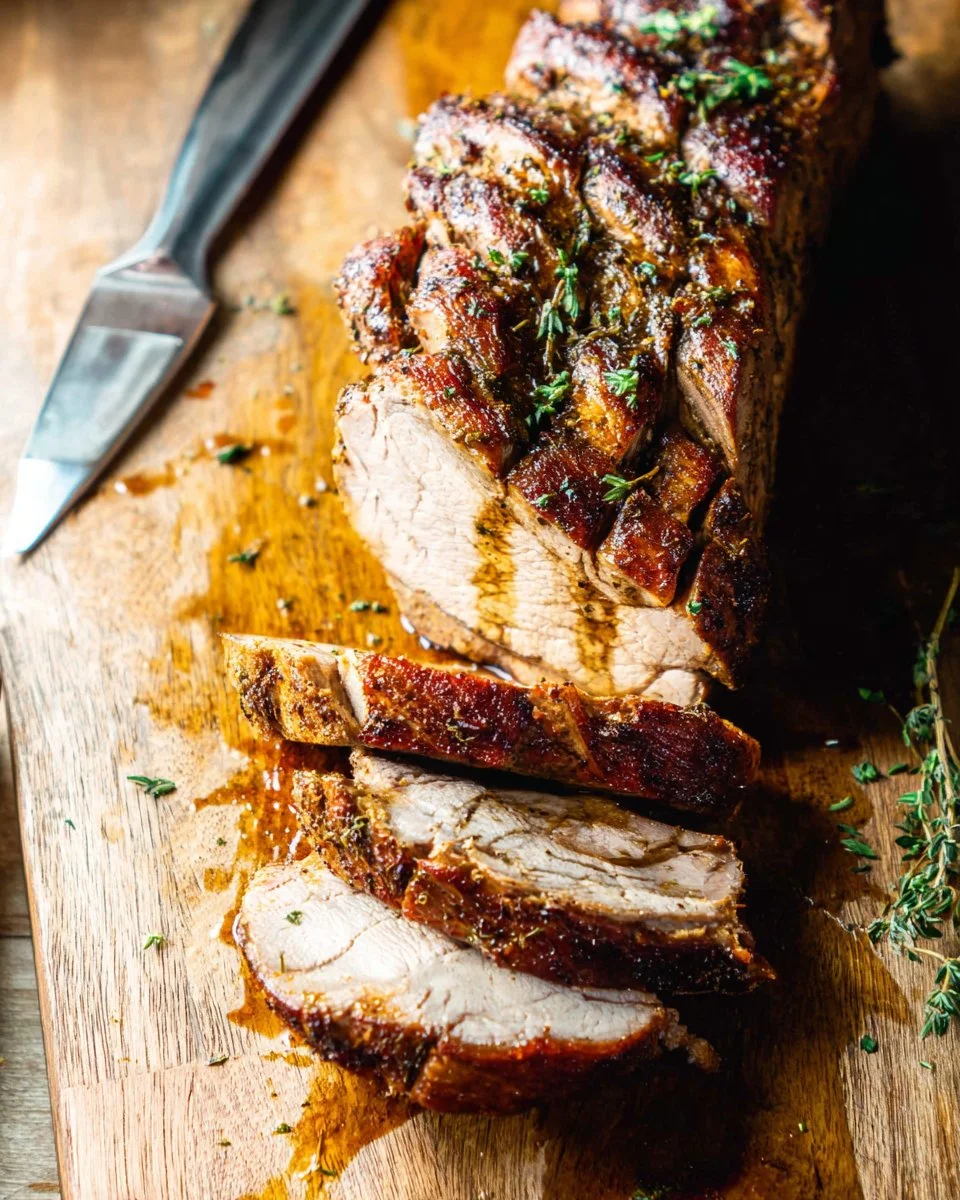 Delicious air fryer pork tenderloin served with vegetables and herbs
