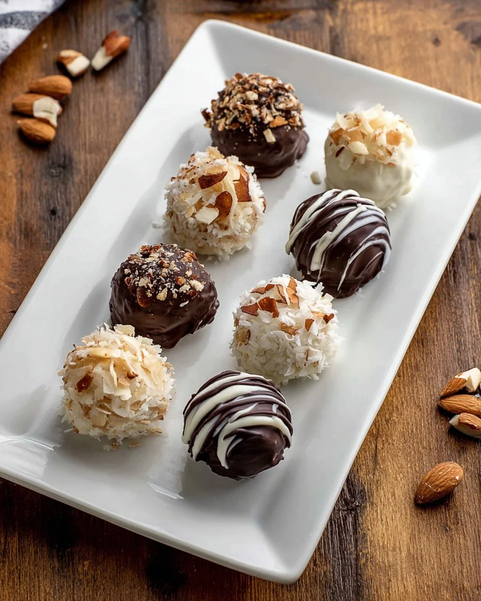 Delicious Almond Joy Truffles made with chocolate, coconut, and almonds.