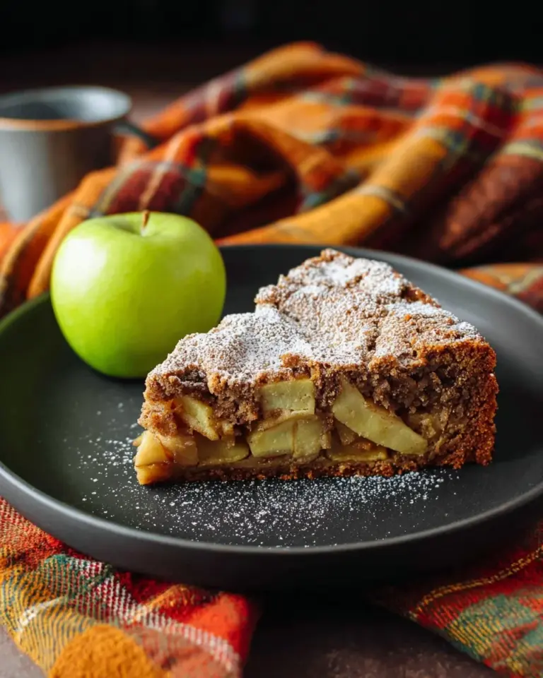 Slice of moist apple walnut cake with nuts and apples on a decorative plate