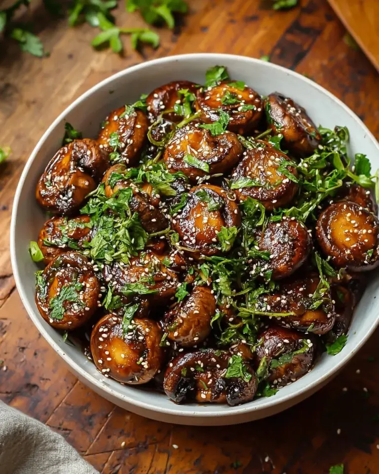 Balsamic soy roasted garlic mushrooms served in a bowl