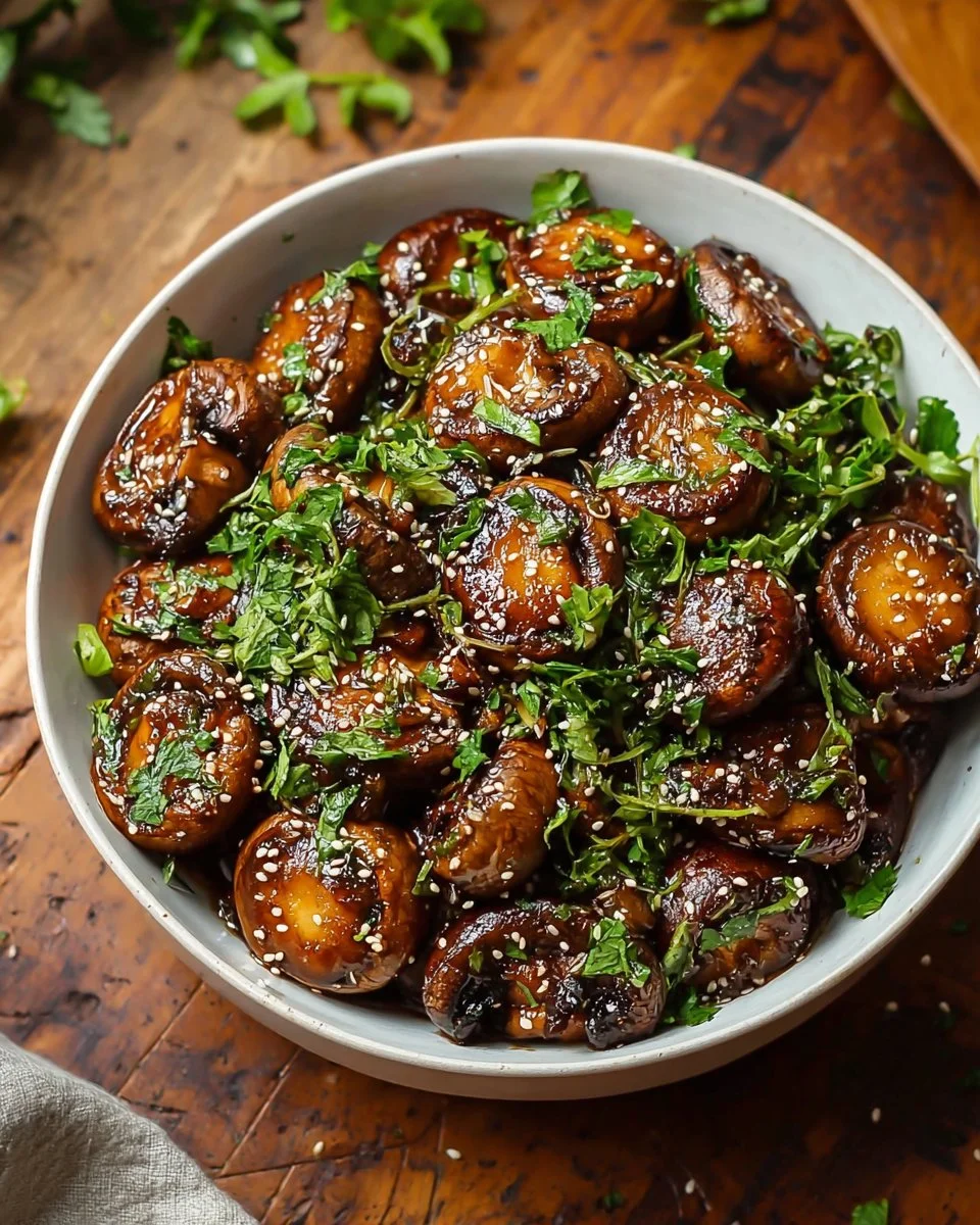Balsamic soy roasted garlic mushrooms served in a bowl