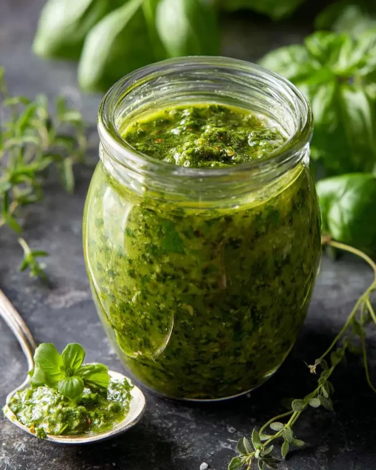 Fresh Basil Chimichurri sauce in a bowl with herbs and garlic