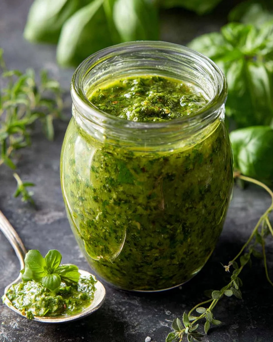 Fresh Basil Chimichurri sauce in a bowl with herbs and garlic