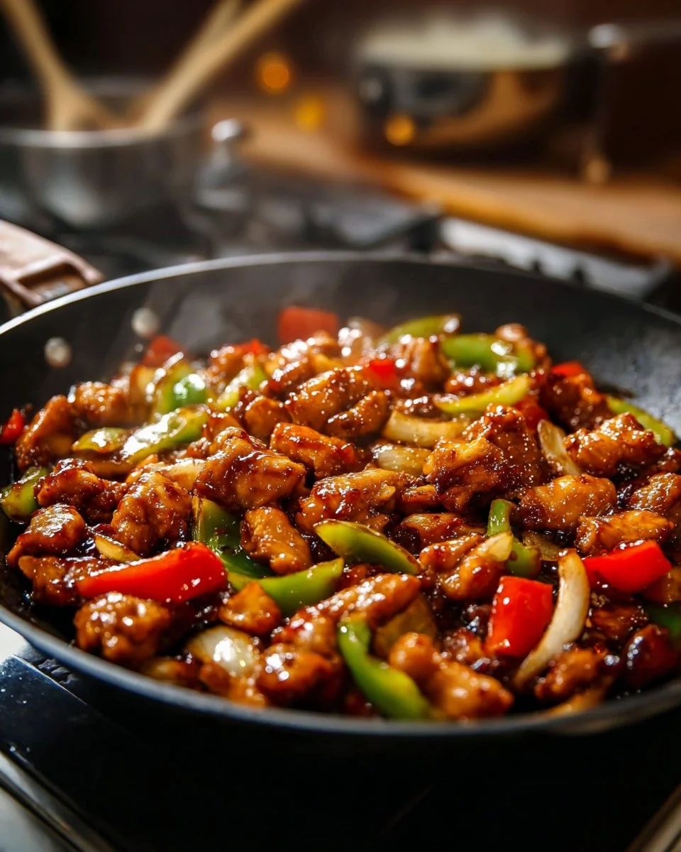 A plate of Black Pepper Chicken garnished with vegetables