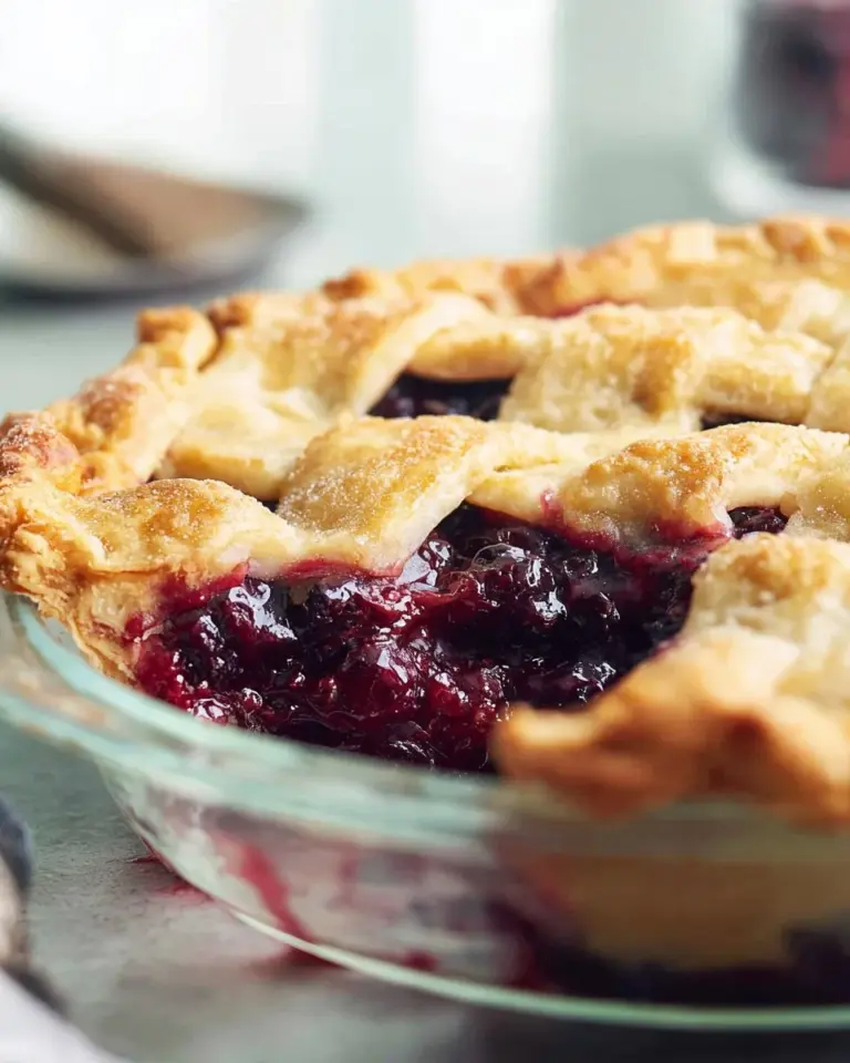 Delicious homemade blackberry pie with a flaky crust and fresh blackberries.