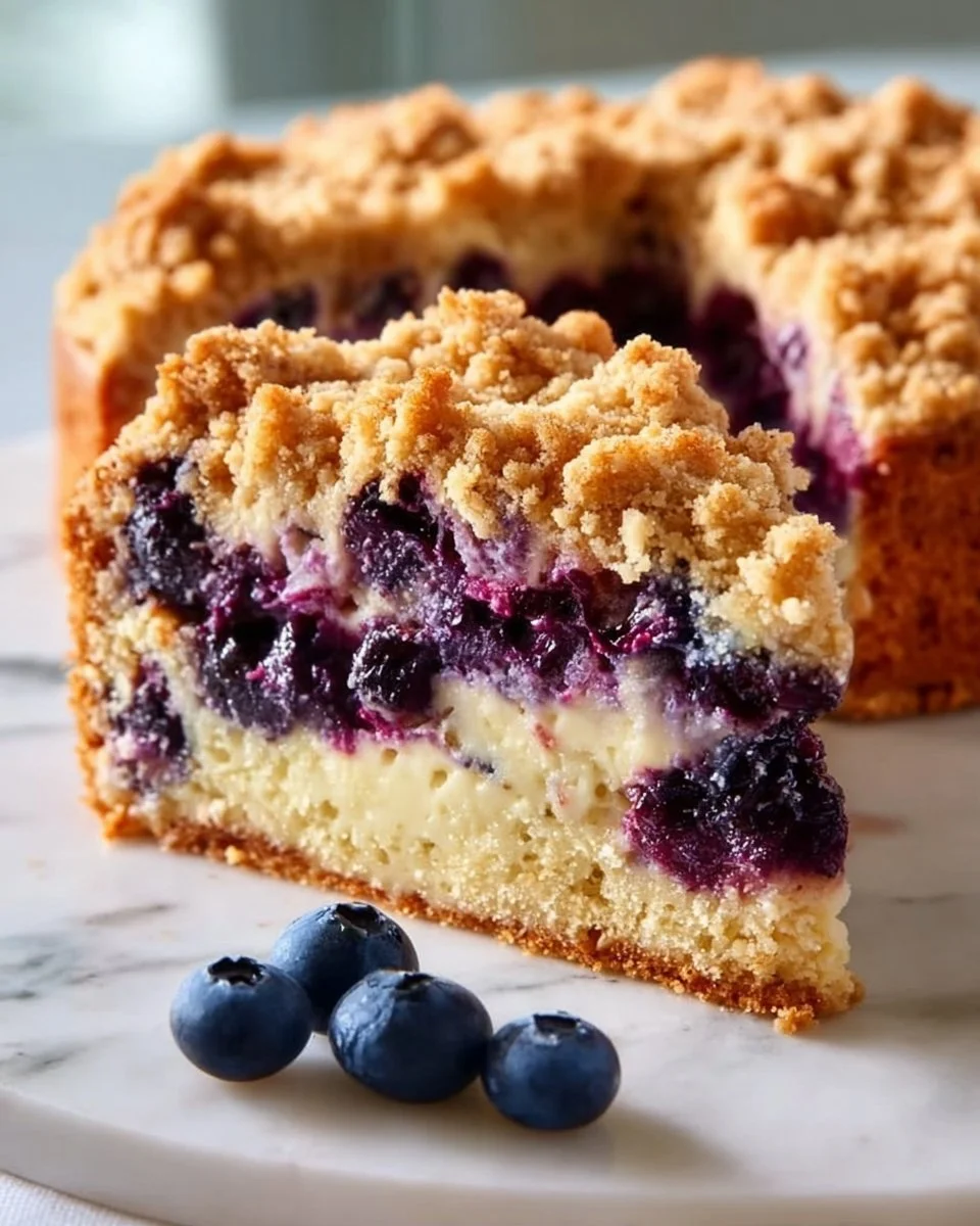 Delicious Blueberry Coffee Crumb Cake on a wooden table