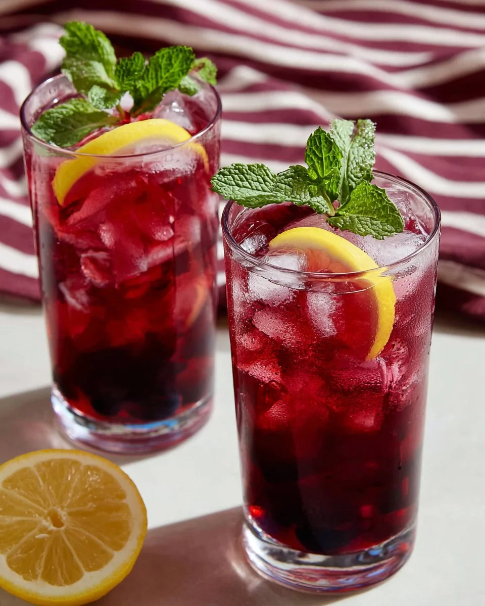 Refreshing glass of blueberry iced tea with fresh blueberries on a table