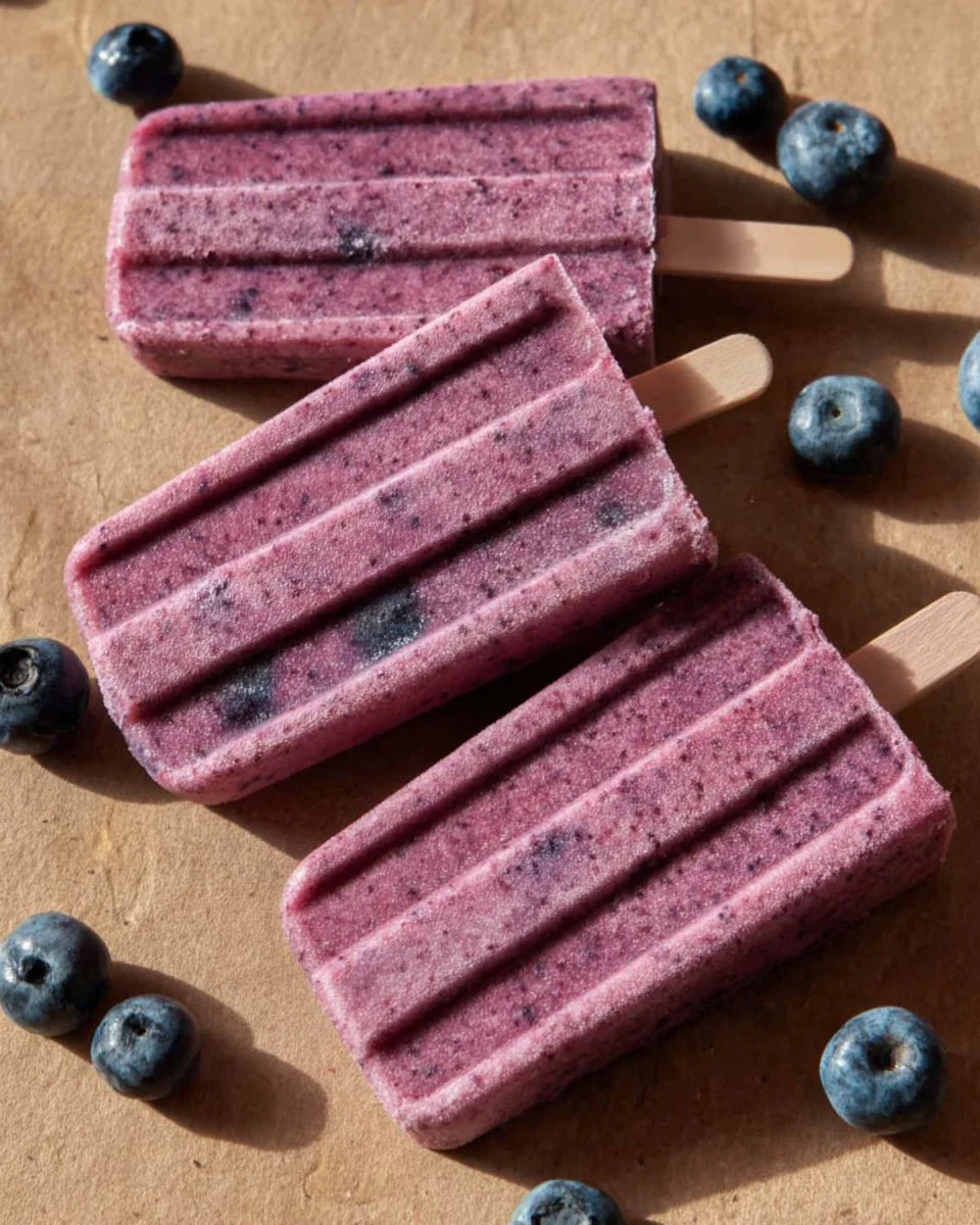 Delicious homemade blueberry popsicles on a sunny day