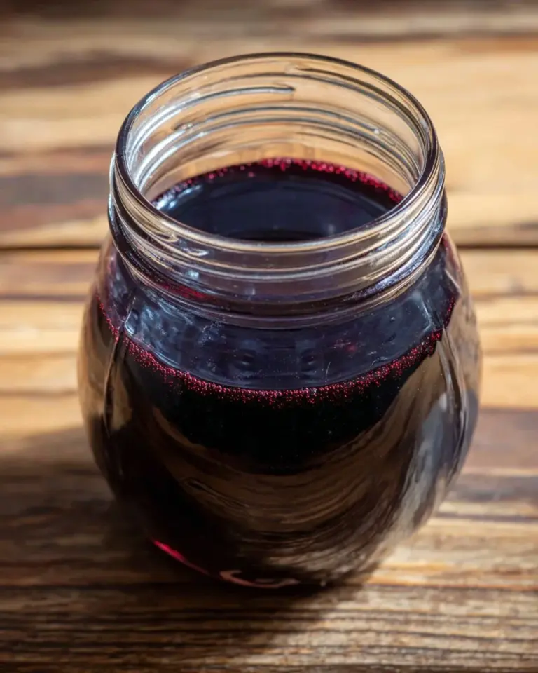Bottle of homemade blueberry simple syrup with fresh blueberries
