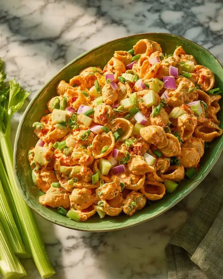 Delicious Buffalo Chicken Pasta Salad in a bowl with vibrant colors and toppings.