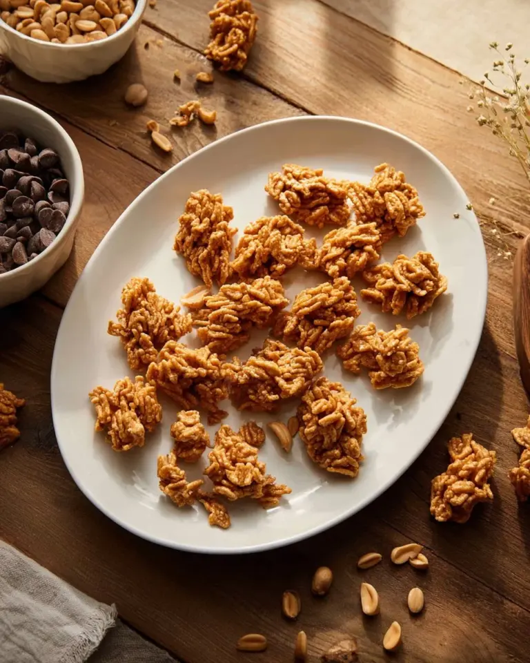 Delicious butterscotch haystacks treats arranged on a plate