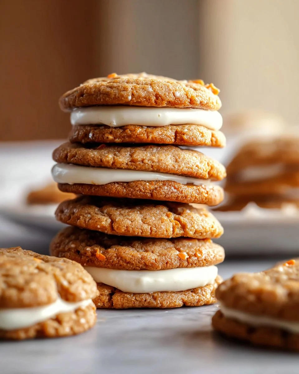Carrot oatmeal cream cheese sandwich cookies on a plate