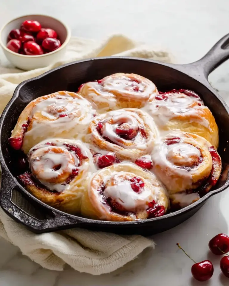 Cherry cream cheese puff pastry pinwheels on a plate with fresh cherries