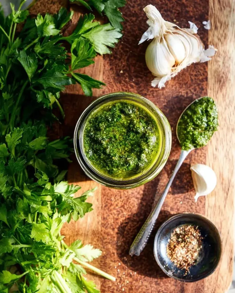 Homemade chimichurri sauce in a small bowl with fresh herbs and garlic