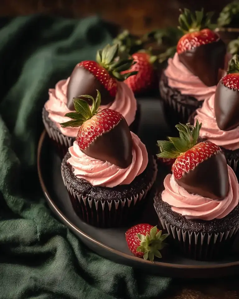 Chocolate covered strawberry cupcakes topped with fresh strawberries and chocolate