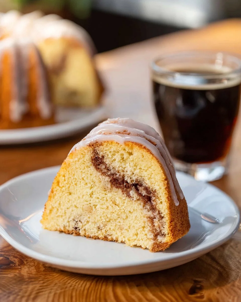 A delicious Cinnamon Swirl Bundt Cake topped with a glaze, showcasing its swirled texture.