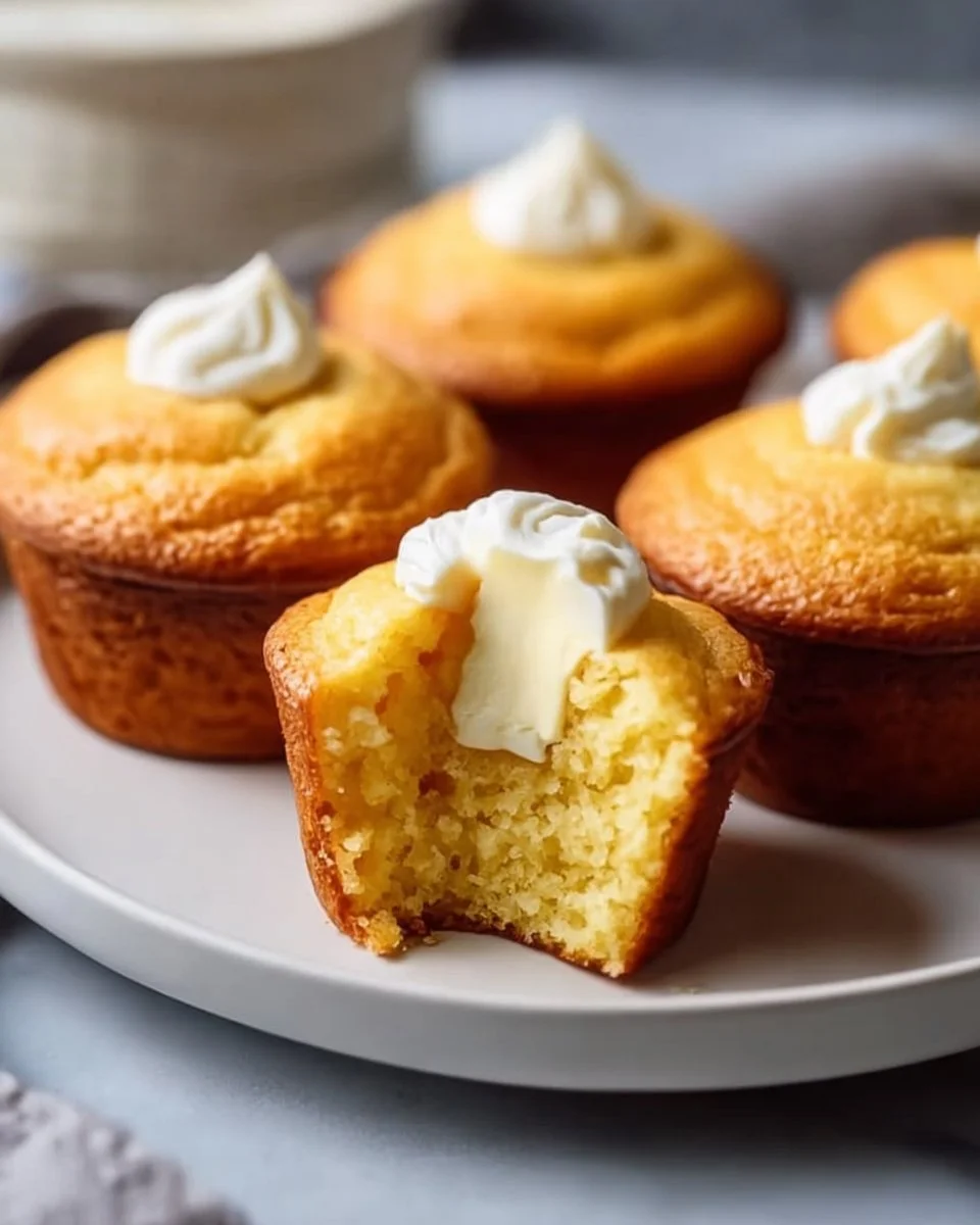 Cornbread muffins with a sour cream center, freshly baked and golden brown.