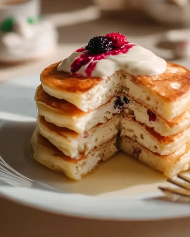Fluffy cottage cheese pancakes topped with fresh berries and syrup.