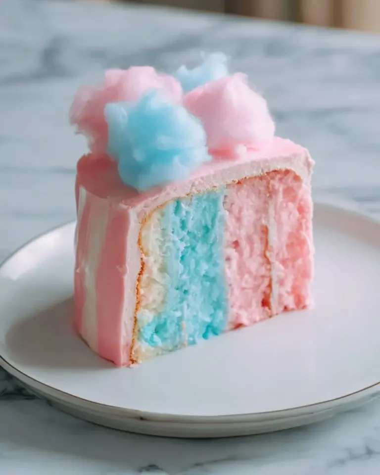 Colorful and fluffy cotton candy cake topped with sprinkles