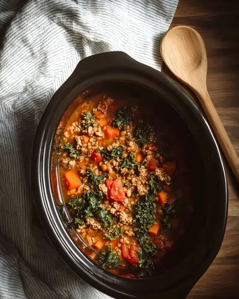 A bowl of cozy Crockpot Ground Turkey Lentil Soup garnished with herbs.