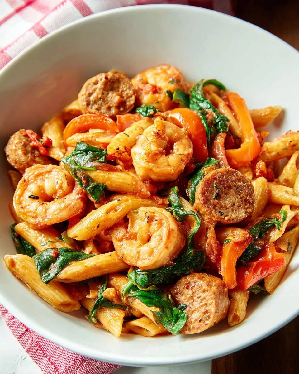 Creamy Cajun shrimp and sausage pasta served in a bowl