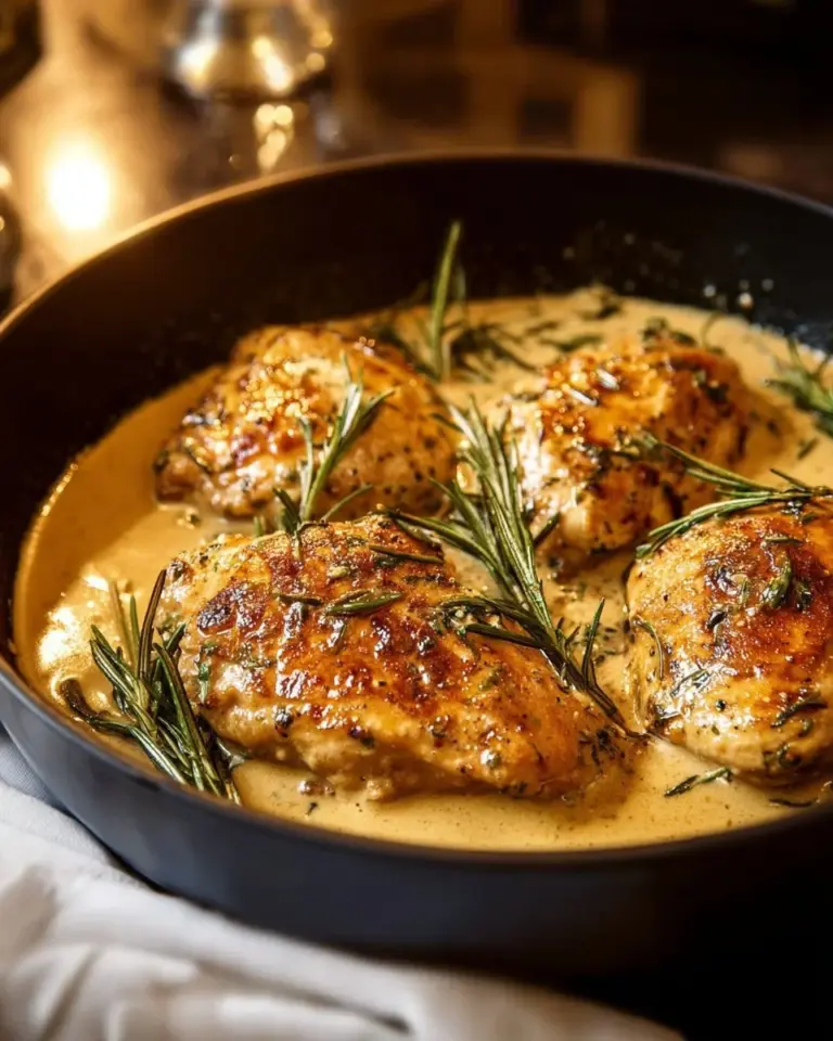 Creamy Dijon rosemary chicken dish garnished with herbs on a plate.