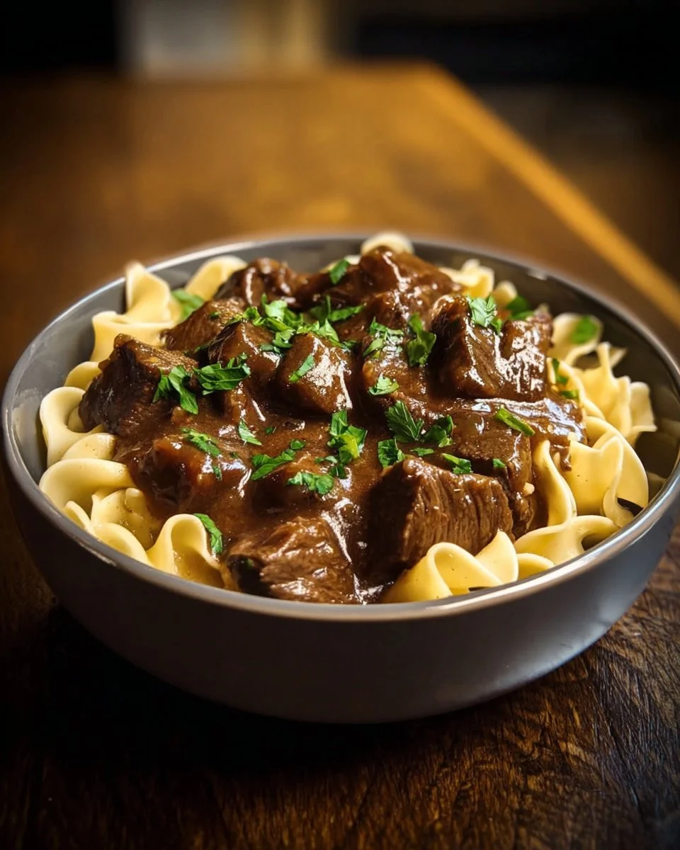 Crockpot beef tips and noodles served in a bowl with garnish