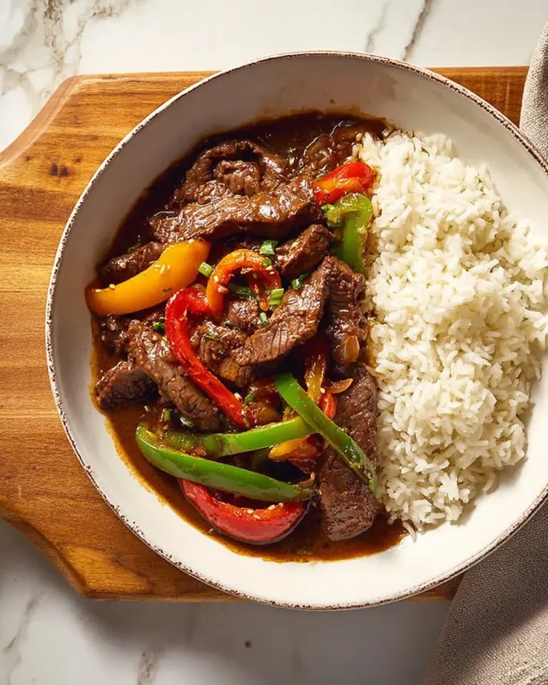 Delicious crockpot pepper steak served with vegetables and rice.