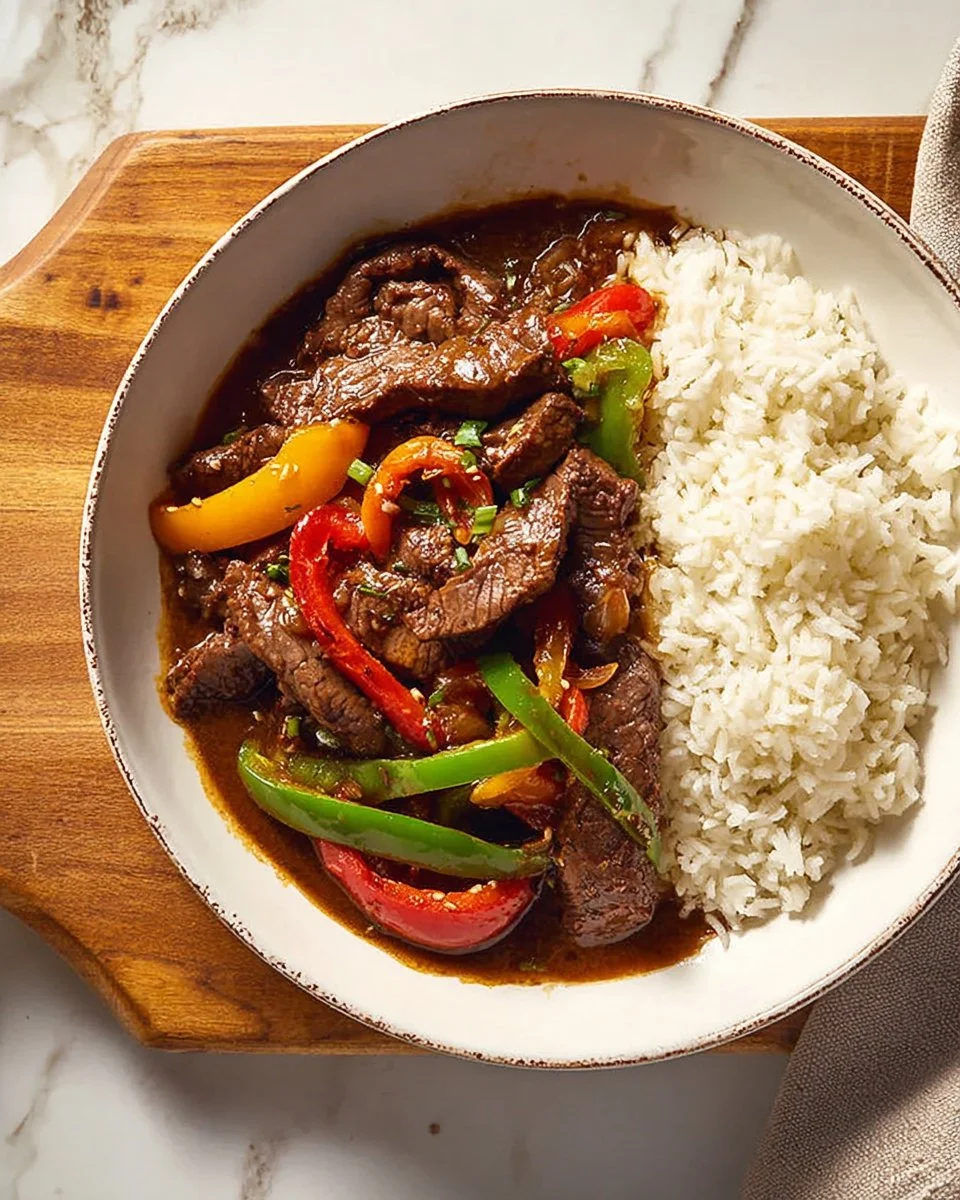 Delicious crockpot pepper steak served with vegetables and rice.