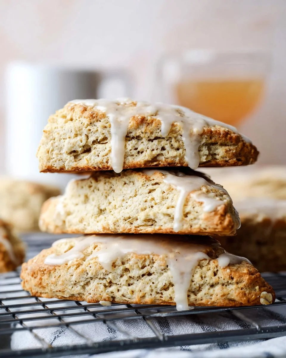 Delicious Earl Grey scones with lemon glaze on a rustic plate