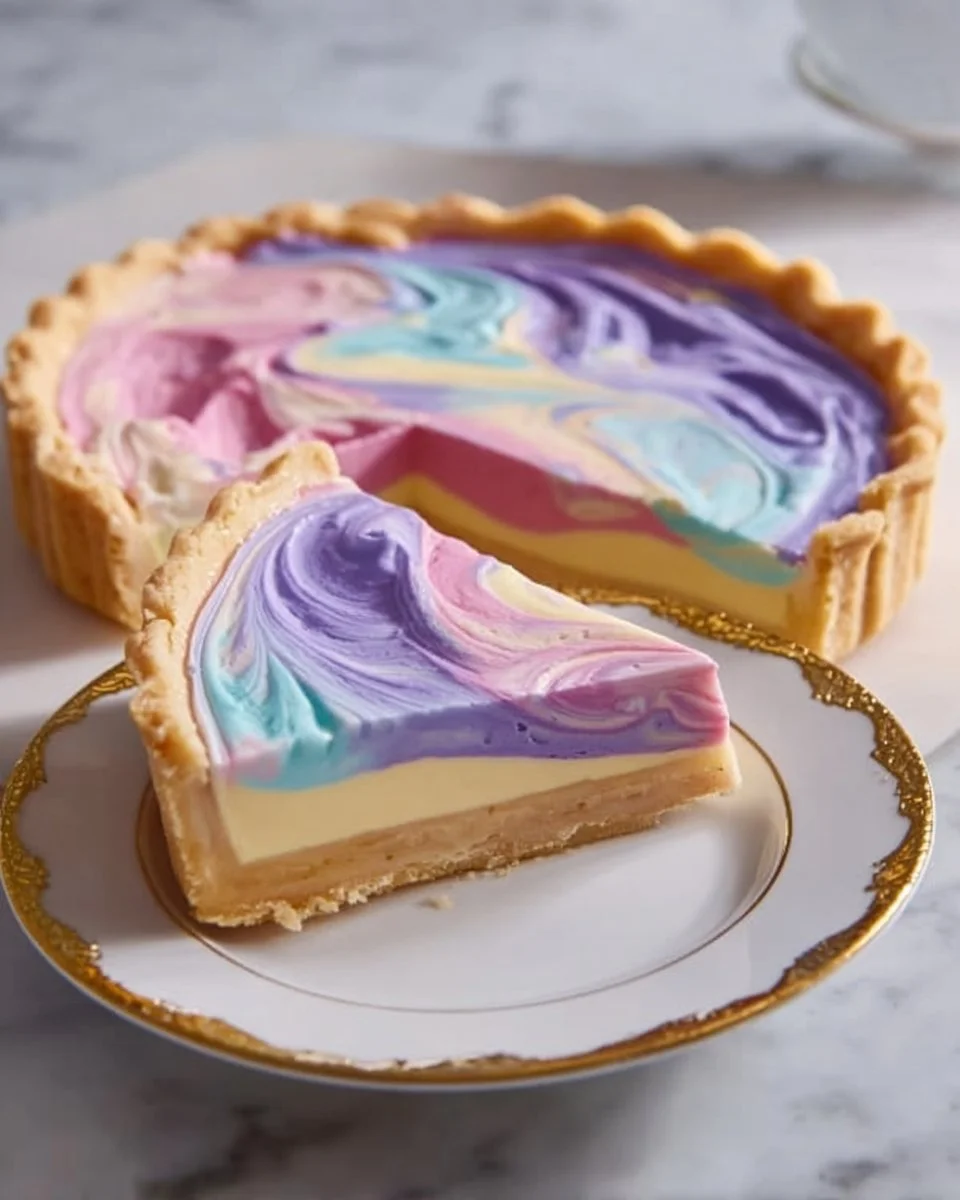 Colorful Easter Swirl Pie topped with swirls for festive dessert
