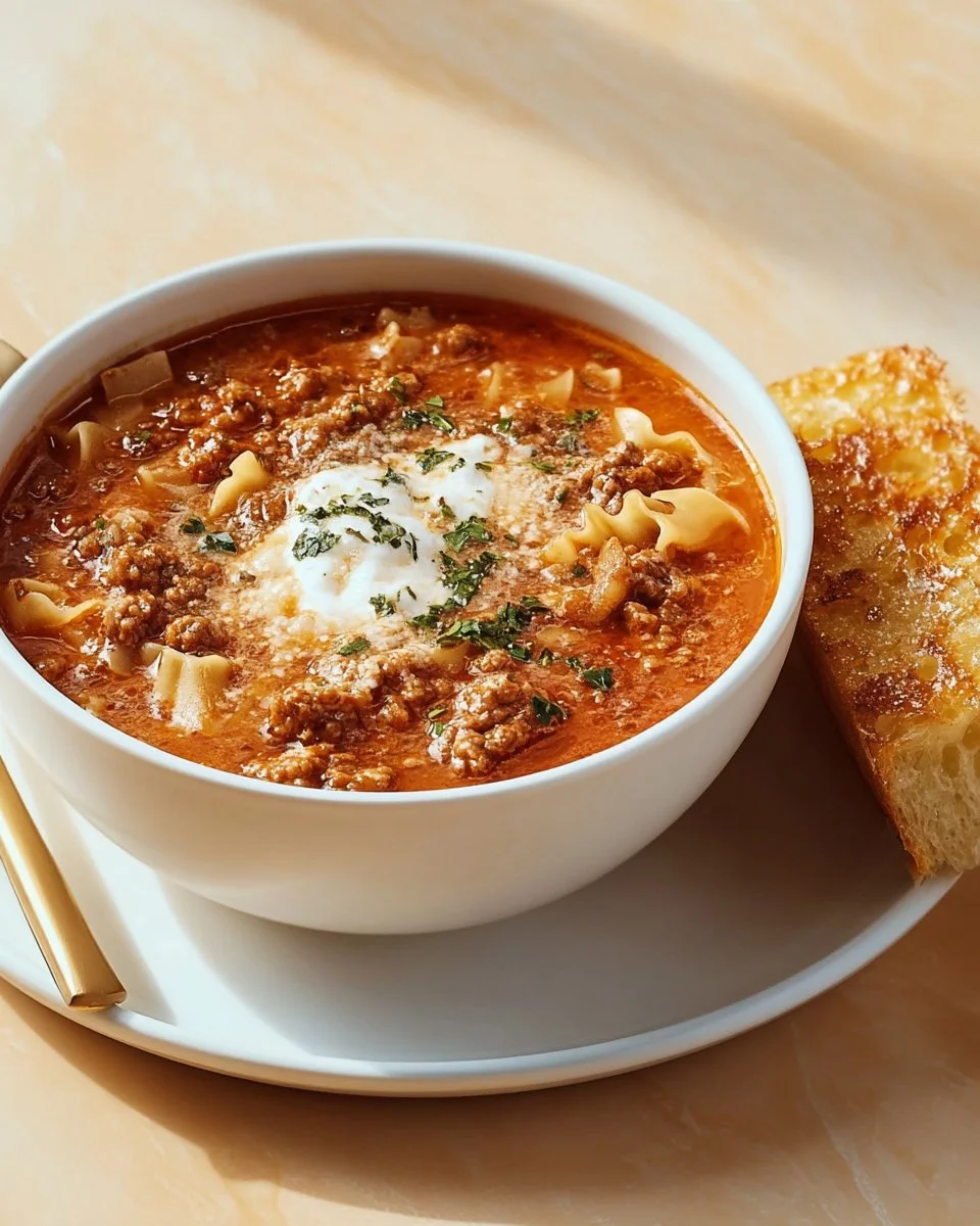Bowl of easy lasagna soup garnished with herbs and cheese.