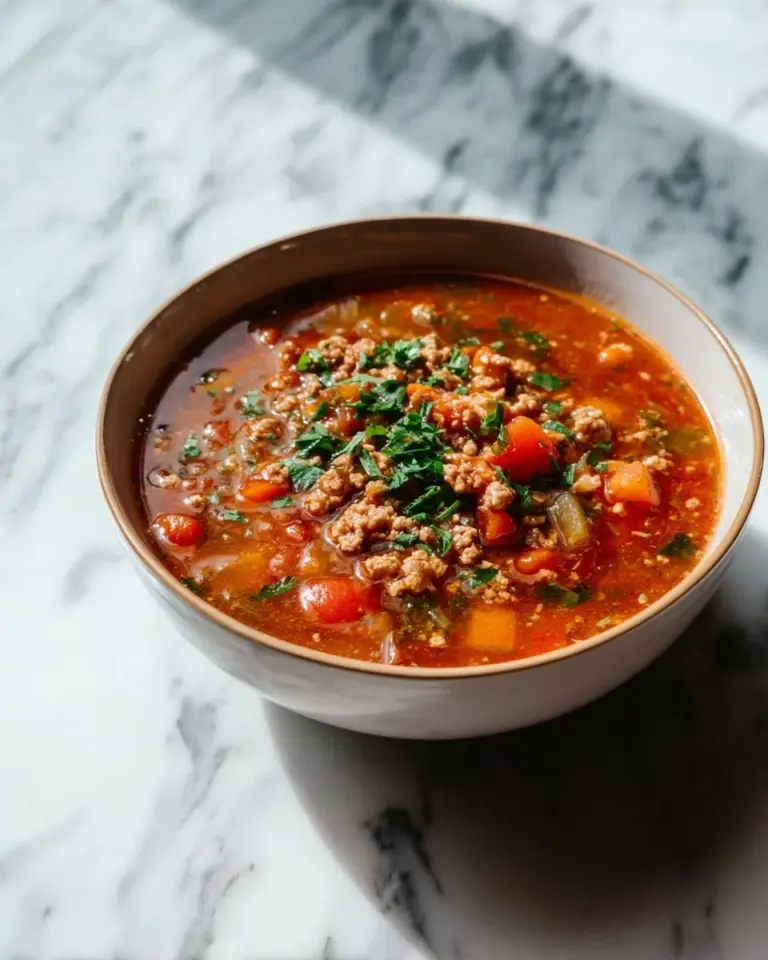 Bowl of delicious easy stuffed pepper soup garnished with herbs
